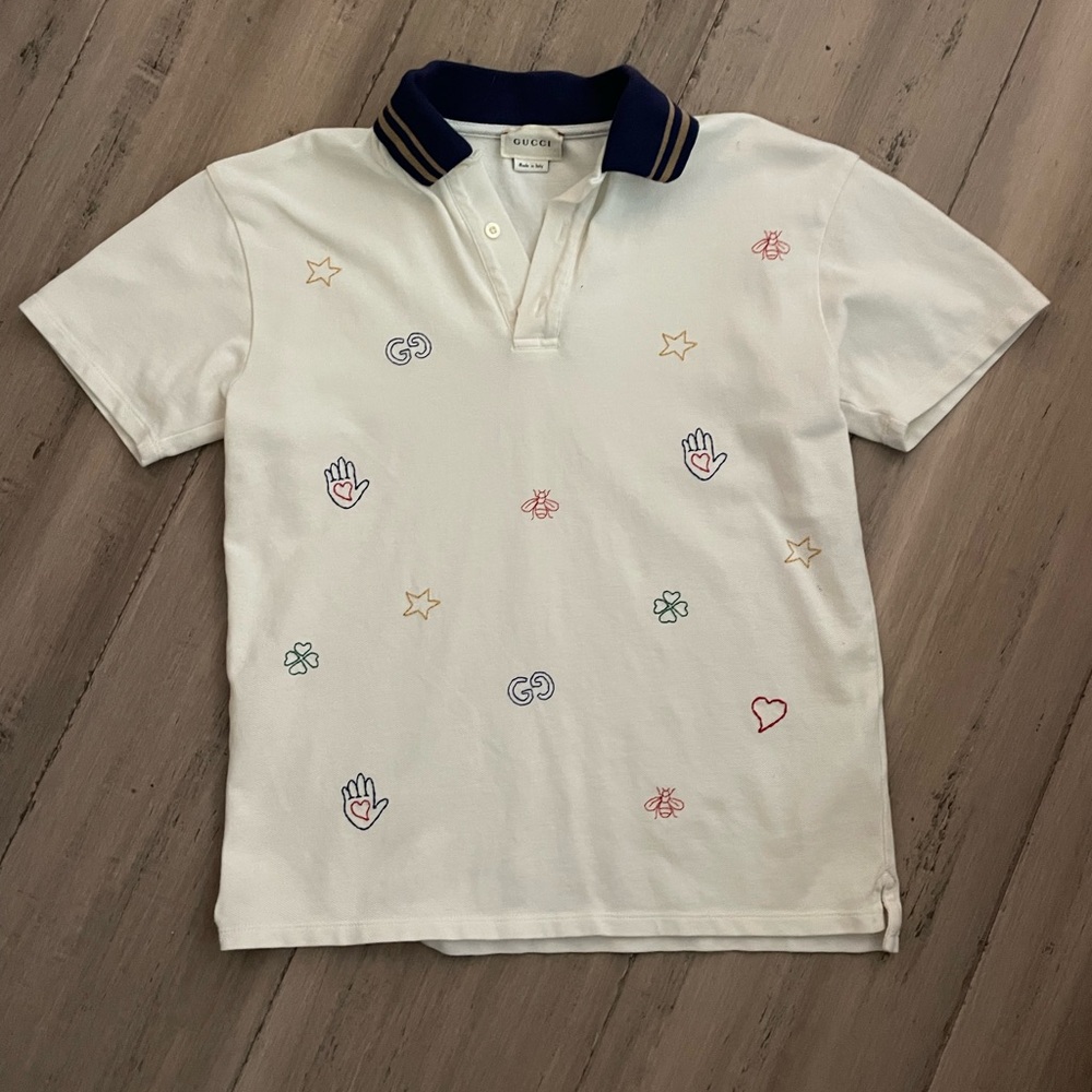 Gucci Kids Polo Shirt - White with Multicolor Embroidery